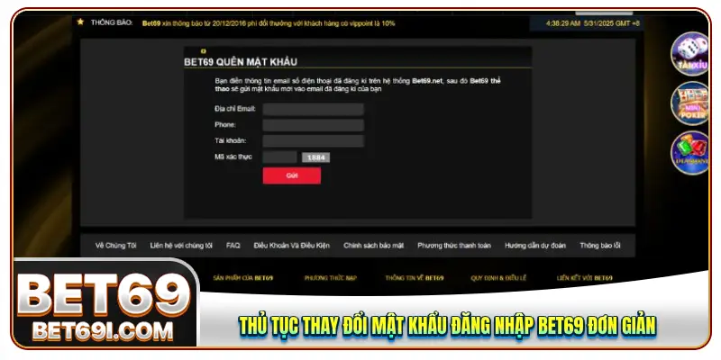 Thủ tục thay đổi mật khẩu đăng nhập BET69 đơn giản 